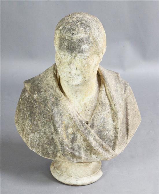 Edward Bowring Stephens (1815-1882). A 19th century carved marble bust of a gentleman wearing classical robes, 27in., weathered